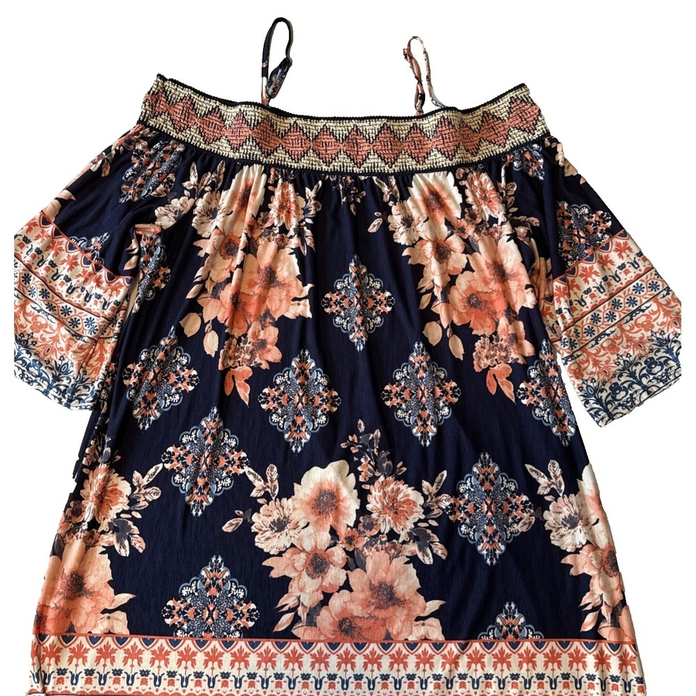 Boho Navy Blue Coral Floral Cold Shoulder Stretch Dress Women's XL Resort Beach